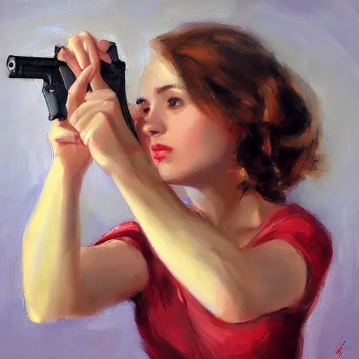 Image similar to woman with a gun painting by Vladimir Volegov