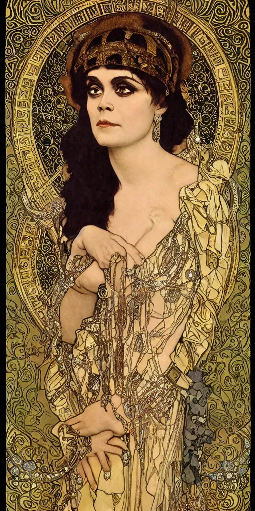 Prompt: realistic detailed dramatic Art Nouveau portrait of Theda Bara as Cleopatra wearing an elaborate jeweled gown by Alphonse Mucha and Gustav Klimt, gilded details, intricate spirals, coiled realistic serpents, Neo-Gothic, gothic, ornate medieval religious icon, long dark flowing hair