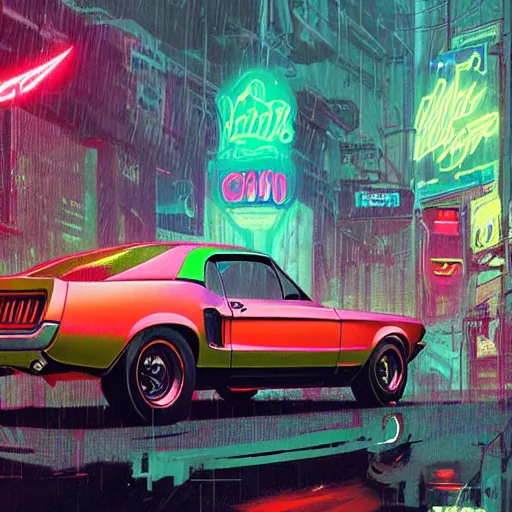 Image similar to a highly detailed matte painting of a neon colored batmobile in a 1 9 6 7 ford mustang fastback, vector art, art by artgerm and greg rutkowski and alphonse mucha, cyberpunk city, rainy city streets, god rays, intricate detail, cinematic, 8 k, cel shaded, unreal engine, featured on artstation, pixiv