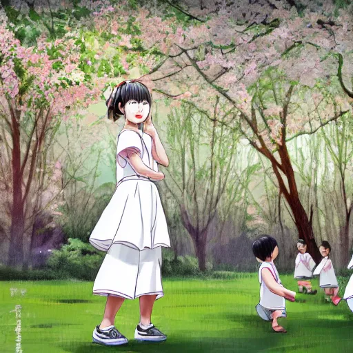 Image similar to hachishakusama wearing a white dress playing basketball against a group of kindergarteners wearing japanese school uniforms, complete detailed body, cherry blossom trees in background, moody atmosphere, digital art, highly detailed, high contrast, beautiful lighting, award winning, trending on art station, photorealistic, 8 k,