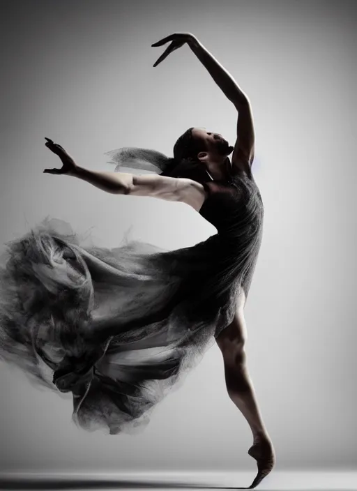 Image similar to a Photorealistic dramatic hyperrealistic render of a glamorous beautiful Female smoke dancer by Ken Brower and Deborah Ory of NYC Dance project,Lois Greenfield,Flowing cloth and smoke,Beautiful dynamic dramatic dark moody lighting,volumetric,shadows,cinematic atmosphere,Octane render,8K