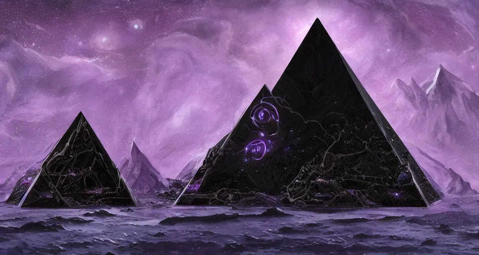 Prompt: black lovecraftian eldritch!! obsidian pyramid!! on a snowy island surrounded by still calm seas, with purple cosmic space in the background by eugene von guerard, ivan shishkin, cosmic space, concept art, trending on artstation, 8 k
