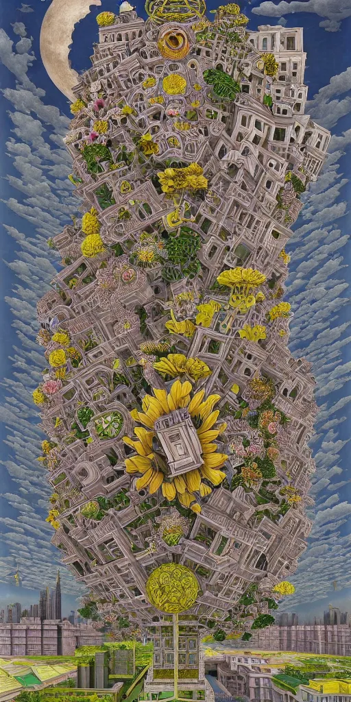 Image similar to colossal MC Escher flower in the middle of post soviet constructivist cityscape, Stalinist architecture, ultradetailed, Intricate by Hayao Miyazaki and Josan Gonzalez and Giuseppe Arcimboldo and Wes Anderson and H.R. Giger