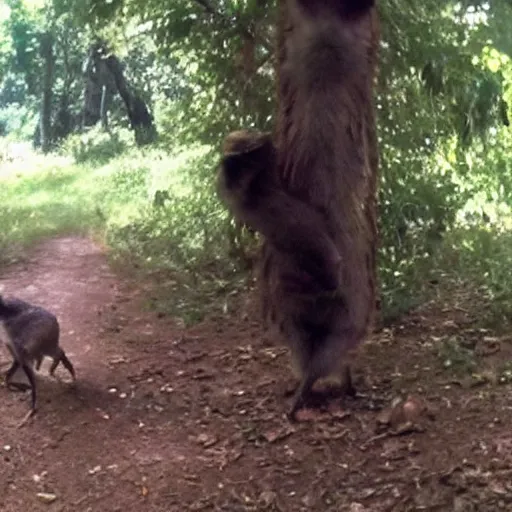 Prompt: your drunk uncle eating a banana, trailcam footage