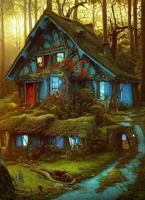 Image similar to hyper realistic homely ornate modern witch cottage distant down a path in the woods gorgeous lighting, blue sky, highly detailed, lush forest by zdzisław beksinski and norman rockwell and greg rutkowskiweta studio, and lucasfilm