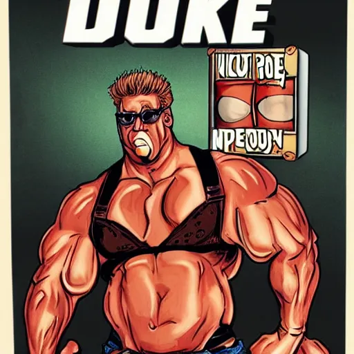 Prompt: Duke Nukem doing the Bateman stare, red tank-top, Duke Nukem 90s cover art