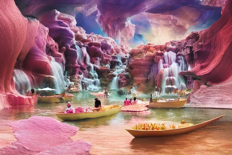 Image similar to floating markets of shinsekai japan along pamukkale waters flowing down gold travertine terraces in royal blue antelope canyon during sakura season on an interstellar aurora borealis, pink waterfalls, lush chic garden, by peter mohrbacher, james jean, james gilleard, greg rutkowski, vincent di fate, rule of thirds, octane render, beautiful landscape