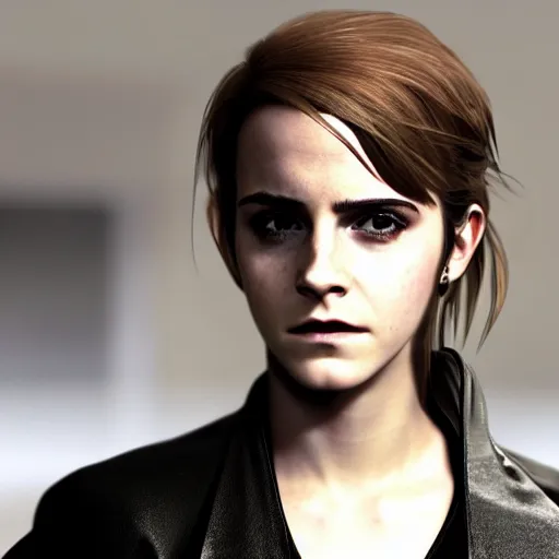 Image similar to Emma Watson as a Metal Gear Solid Villain 2005 JRPG cinema 4d render, Ray tracing reflection, natural lighting, Unreal Engine award winning photography