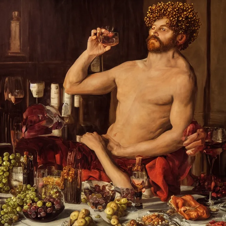 Prompt: raw, unsettling portrait of Dionysus, the Greek god of wine, drinking at the party to forget his heartbreak by 20th-century artist Francis Bacon, cinematic, hyper realism, octane render, 8k, depth of field