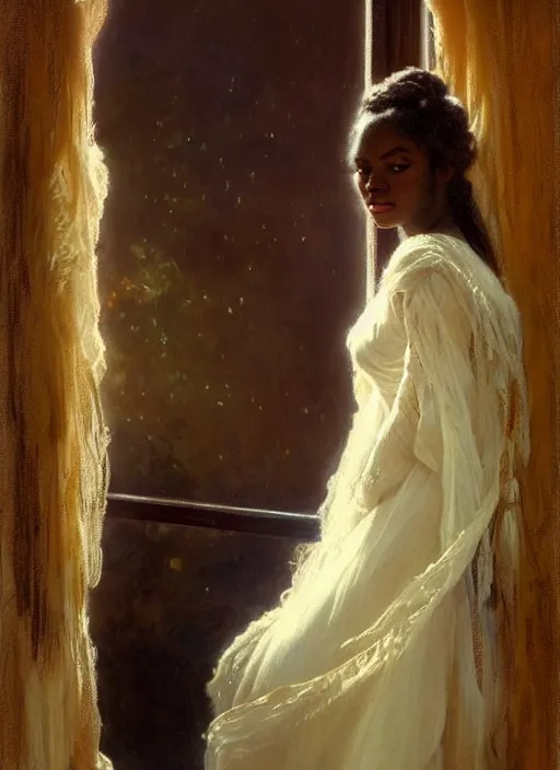 Image similar to a beautiful young black woman with long flowing hair in a flowing white gown in looking out a window through gauzy curtains, highly detailed painting by gaston bussiere, craig mullins, j. c. leyendecker 8 k