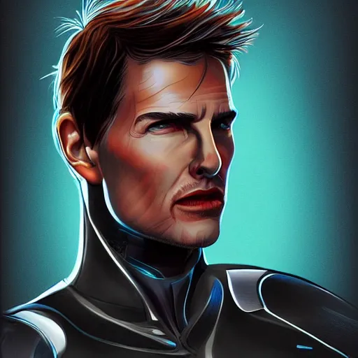 Image similar to cybernetic cyborg tom cruise, sharp lines, digital, artstation, colored in