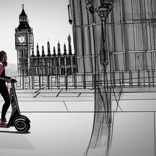 Prompt: a sketch drawing, woman on scooter, big ben view, photorealistic, by gabo mendoza, trending on artstation