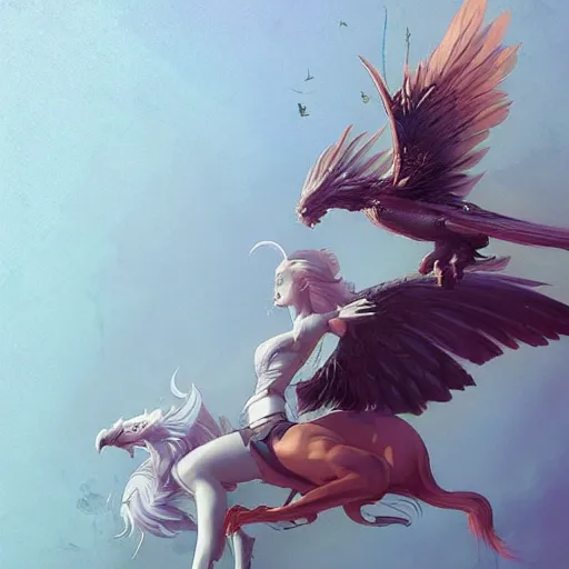 Image similar to Art station concept of a beautiful girl riding a gryphon, symmetrical face, smooth body features, by Stanley Artgerm Lau, WLOP, Rossdraws, James Jean, Andrei Riabovitchev, Marc Simonetti, and Sakimichan, trending on artstation