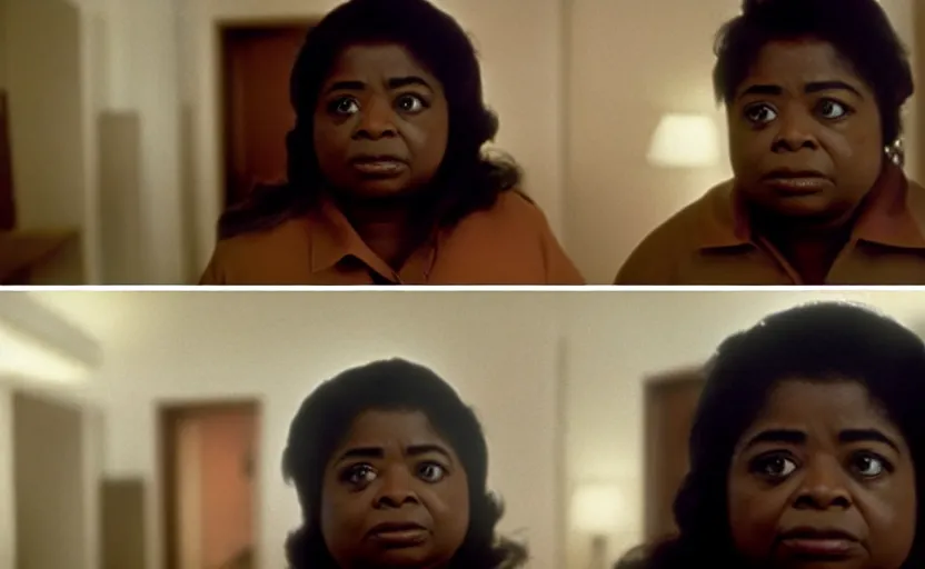 Image similar to cinematic shot from a 1 9 8 5 paranoid thriller, screenshot of octavia spencer removes a hearing device from her ear, in the near future, film directed by stanley kubrick, color theory, apartment design, leading lines, photorealistic, volumetric lighting