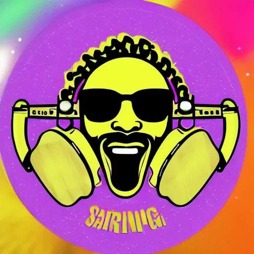 Image similar to svg sticker of a Dancing-Ben-Harper-Snoop-Spike-Lee-with-a-large-Afro-Puff, at a rave, spinning records, giant headphones rocking out, wearing headphones, huge speakers, dancing, rave, DJ, spinning records, digital art, amazing composition, rule-of-thirds, award-winning, trending on artstation, featured on deviantart