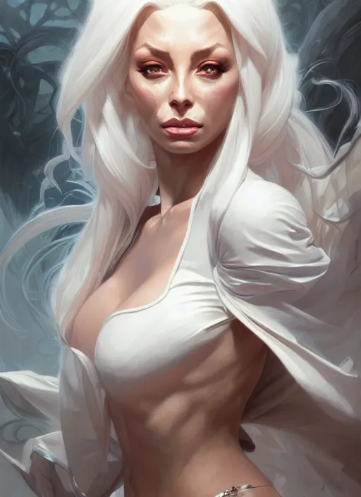 Image similar to portrait of aggressive isabelledeltore, d & d, white, fantasy, intricate, elegant, highly detailed, digital painting, artstation, concept art, smooth, sharp focus, illustration, art by artgerm and greg rutkowski and alphonse mucha