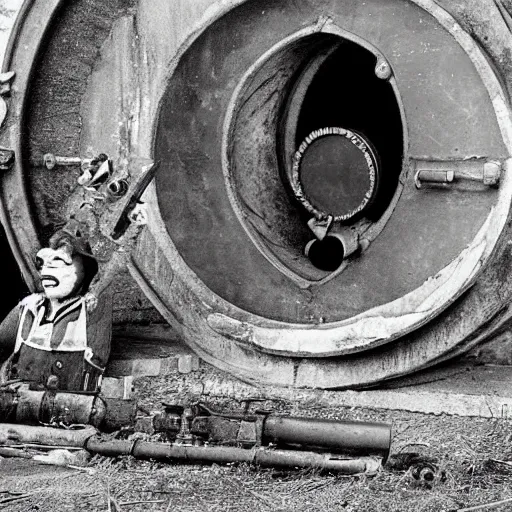 Prompt: clown peeking head out of artillery barrel