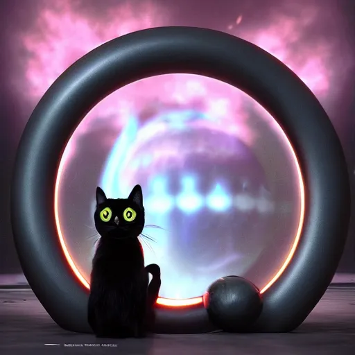 Image similar to black cat sitting next to an energy ringed portal, photorealistic, octane, Unreal Engine, finalRender, concept art, digital illustration, artstation, artstation hq, hd, 4k resolution