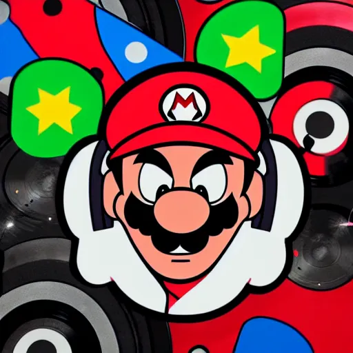 Image similar to svg sticker of a Pop-Wonder SuperMario, Mario-Wearing-a-red-hat, at a rave, spinning records, giant headphones rocking out, wearing headphones, huge speakers, dancing, rave, DJ, spinning records, digital art, amazing composition, rule-of-thirds, award-winning, trending on artstation, featured on deviantart