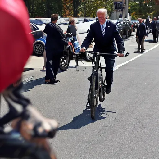 Image similar to ultra realistic photo of joe biden falling off of his bike, film, perfect face, in the style of a candid photo