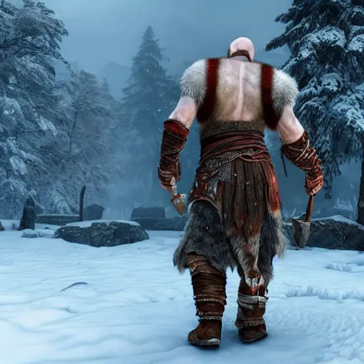 Image similar to god of war kratos beard strong viking old golden armor in snow walking 8 k, unreal engine 5