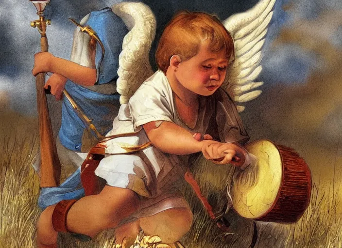 Image similar to angel rescuing little boy from a bad dream with marching drum, highly detailed, sharp focus, digital painting