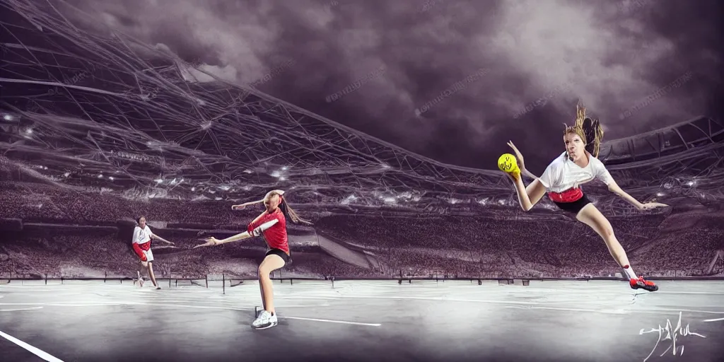 Prompt: young woman plays handball in a stadium, epic lighting, digital art