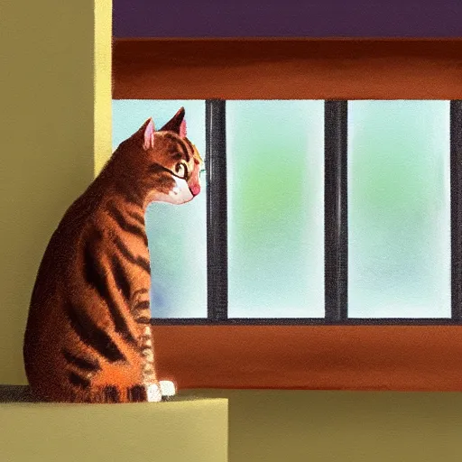 Prompt: a digital painting of cat watching it rain outside a window, highly detailed