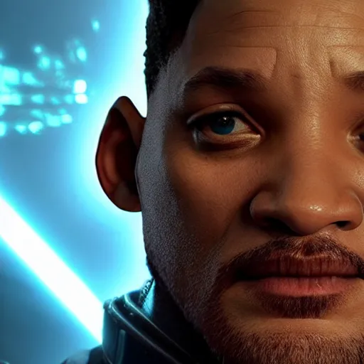 Image similar to will smith as a jedi, starwars, hyper detailed, digital art, trending in artstation, cinematic lighting, studio quality, smooth render, unreal engine 5 rendered, octane rendered