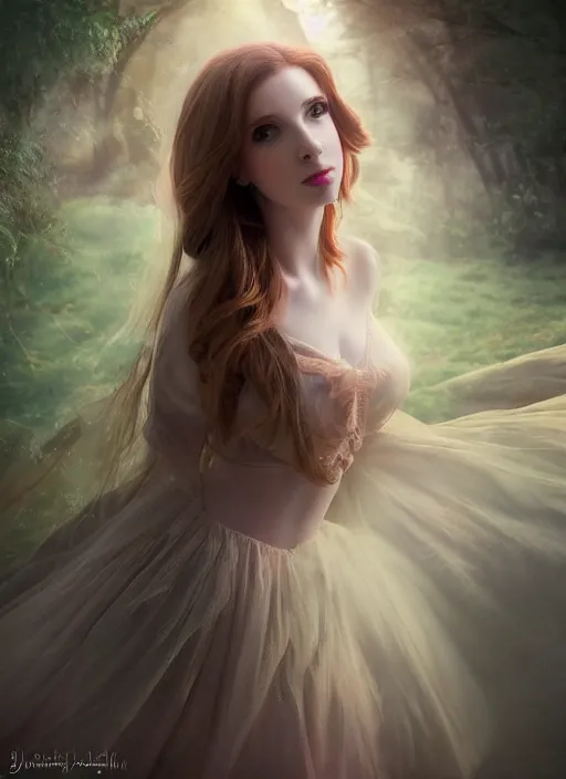 Prompt: of ethereal fantasy, young beautiful Amouranth, elegant, ethereal dreamy light, art by James Jeani