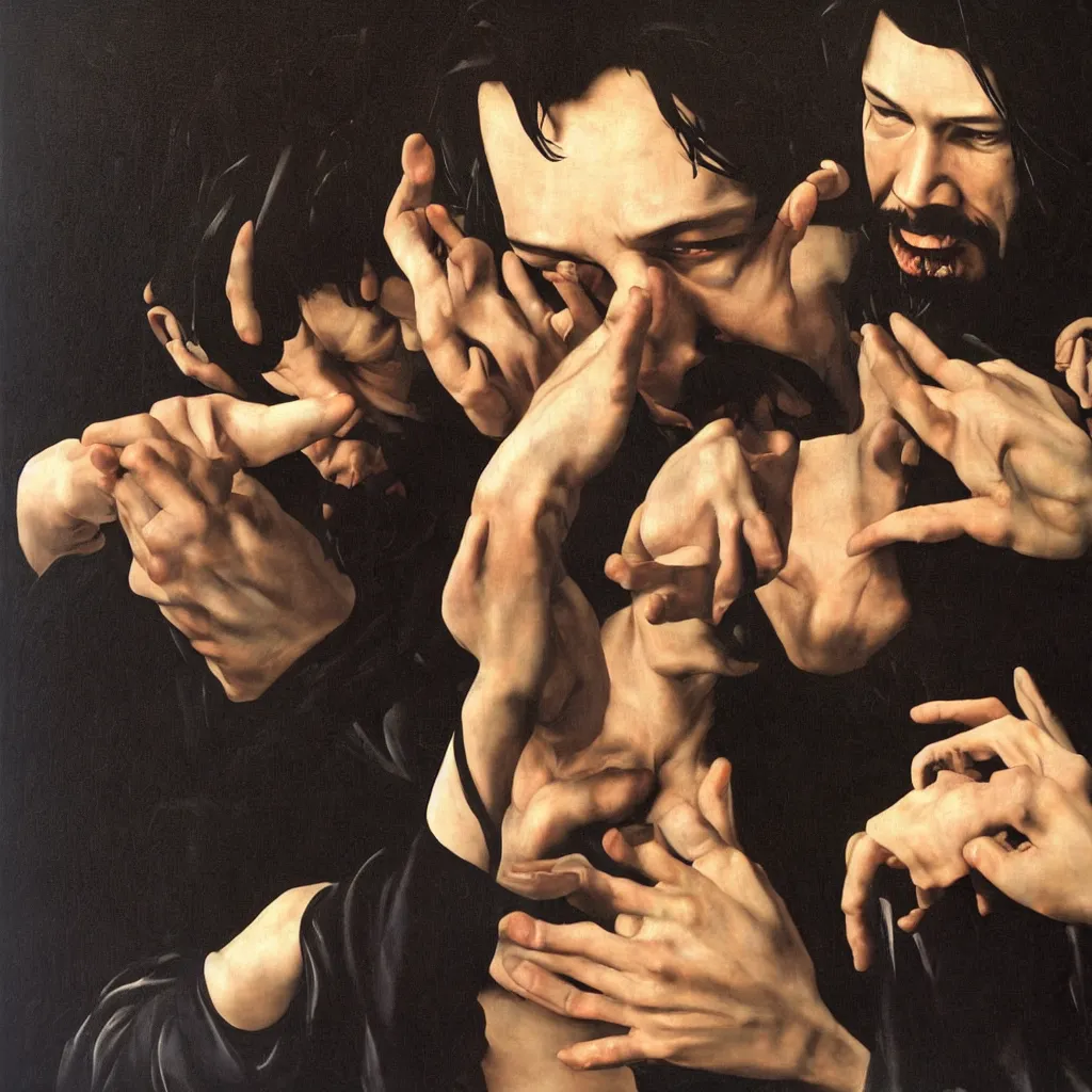 Prompt: A Caravaggio painting of Keanu Reeves in The Matrix