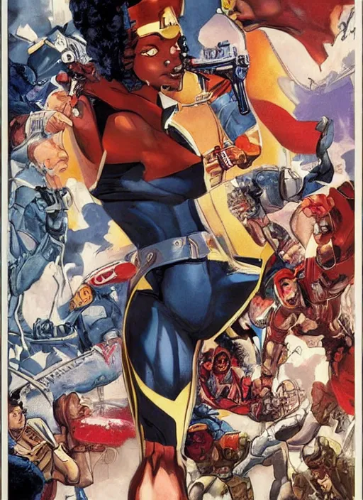 Image similar to beautiful black female captain america. afro - feminist captain america wins wwii. american wwii propaganda poster by james gurney, rob liefeld and pixar. gorgeous face. overwatch, realistic. black power