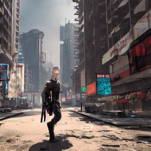 Prompt: the last man standing is on an empty street in an abandoned cyberpunk city