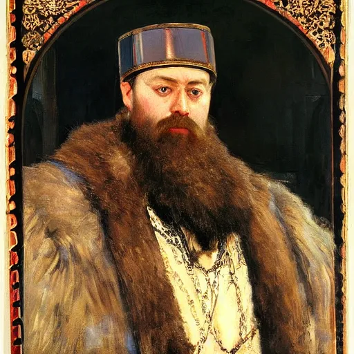 Prompt: portrait of tsar in fur hat Ivan the Terrible listening smartphone masterpiece painting by vasnetsov and surikov, JEAN-VICTOR BERTIN, by Terence Cuneo, detailed, artfully traced, 4k resolution, cinematic, dramatic