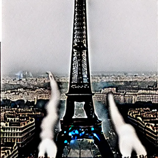 Image similar to extensive smoke rising from the top of the eiffel tower, aerial view, several police cars and crowds running across the ground, polaroid, 6 0's, hyperrealism, no blur, 4 k resolution, ultra detailed