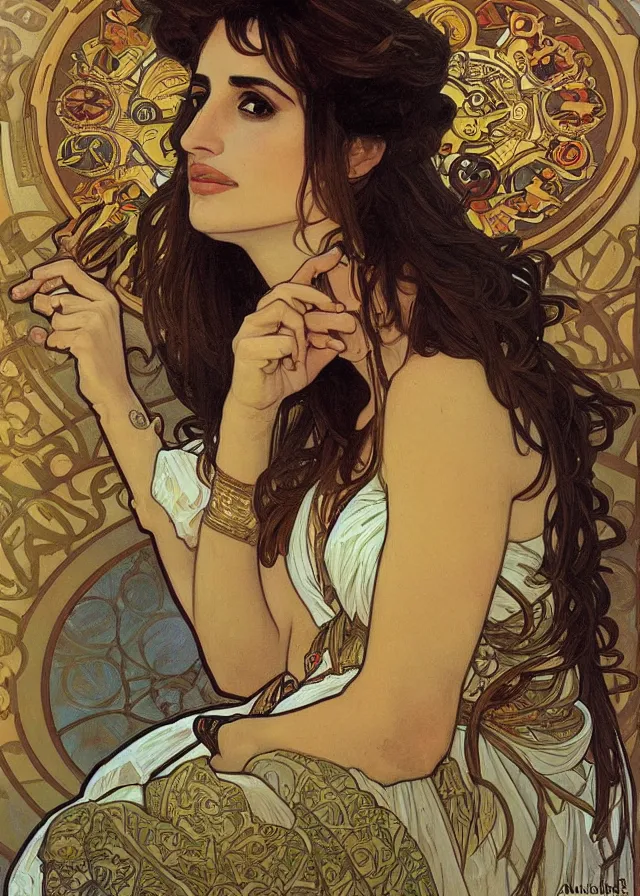 Image similar to portrait of penelope cruz, artwork by alphonse mucha