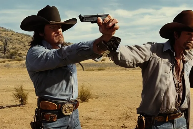 Image similar to film still of the main character cowboy standing holding a pistol in the outdoor scene in an action movie posing for the camera 2 0 2 0, 4 k wild west