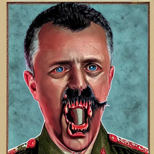 Image similar to igor ivanovich strelkov became an angry degraded satanic hellfire demonic abomination and calling for total mobilization, photo - realistic, color image, 2 k, highly detailed, bodyhorror, occult art