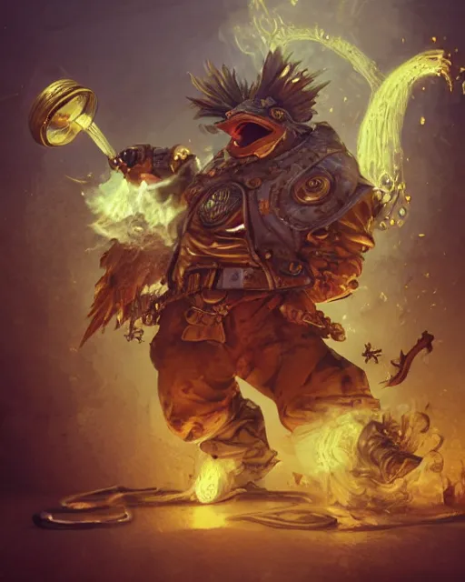 Image similar to Chicken, Anthropomorphized, holding waterthrower, raging, Golden Steampunk city atmosphere, magic the gathering artwork, D&D, fantasy, cinematic lighting, centered, symmetrical, highly detailed, digital painting, artstation, concept art, smooth, sharp focus, illustration, volumetric lighting, epic Composition, 8k, art by Akihiko Yoshida and Greg Rutkowski and Craig Mullins, heroic pose, oil painting, cgsociety