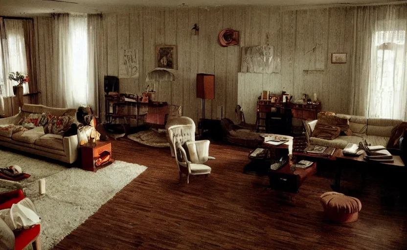 Prompt: a moody photograph of a 9 0 s living room, gregory crewdson, wes anderson