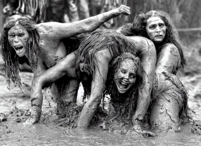 Prompt: cavewomen mud wrestling a neanderthal woman, movie still, from the movie quest for fire, 8 k, realistic