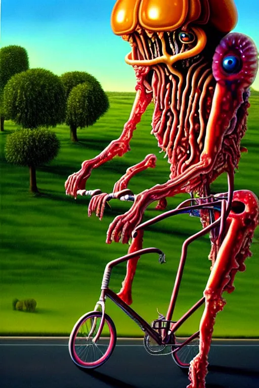 Image similar to a hyperrealistic painting of a translucent jelly zombie creature riding a bicycle through a suburban neighborhood on a sunny day, by chris cunningham and richard corben, highly detailed, vivid color,