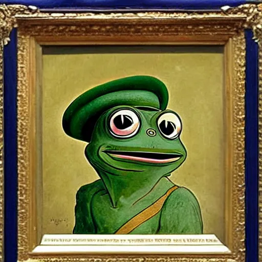 Prompt: pepe the frog in ww 1 military parade, schirmmutzen, pickelhaube, painting by sandro botticelli and leonardo da vinci, uncropped