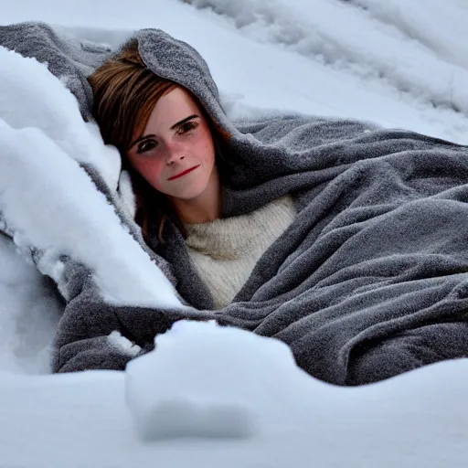 Image similar to emma watson laying in snowdrift, clutching blanky