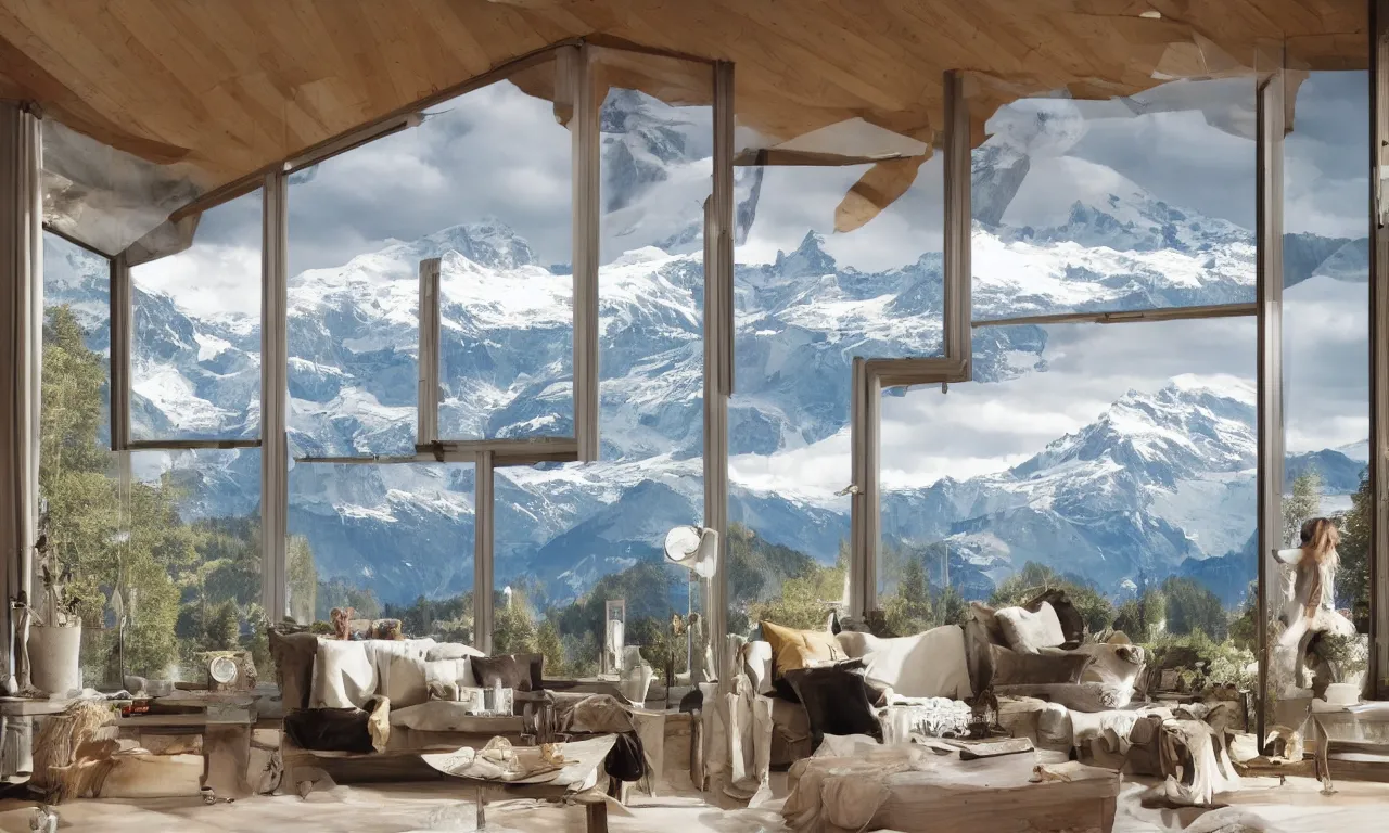 Image similar to fantastical living room with switzerland landscape in the window