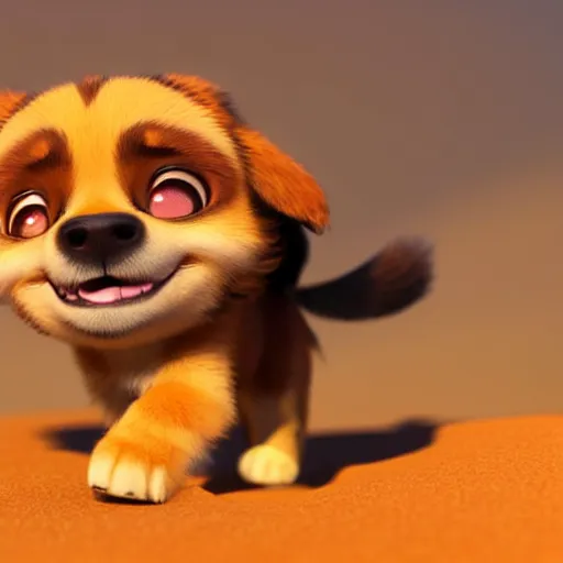 Image similar to tibetan spaniel as nendoroid walking in a desert in the croods movie style, anime, disney, pixar, 8 k, hd, dof, kodak film, volumetric lighting, subsurface scattering, photorealistic, octane render, details