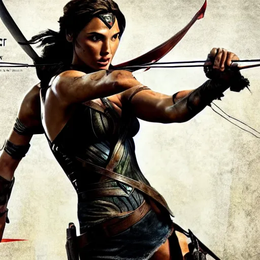 Image similar to Gal Gadot as Tomb Raider aiming a bow. Girl power. Movie poster art.