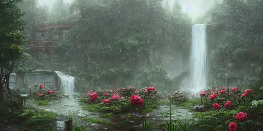 Prompt: a rainy scene a manicured garden matte painting with roses, trees, and a waterfall abandoned for 1 0 years art station, digital art, simon stalenhag