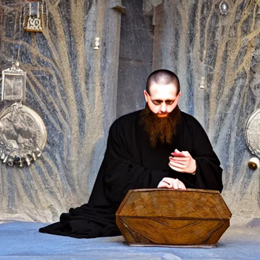 Prompt: orthodox monk hacking mystical data crystal libraries