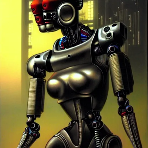 Image similar to geisha death robot, killbot, gun coming out of mouth, very realistic, artwork by jim burns, cyberpunk, sci - fi